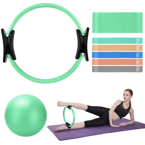 TOPZGLEEY Pilates Ring Set – 14" Anti-Deformation Magic Circle with Padded Handles, Mini Ball, 5 Resistance Bands, Guide, Pilates Equipment for Home Workout (Turquoise)