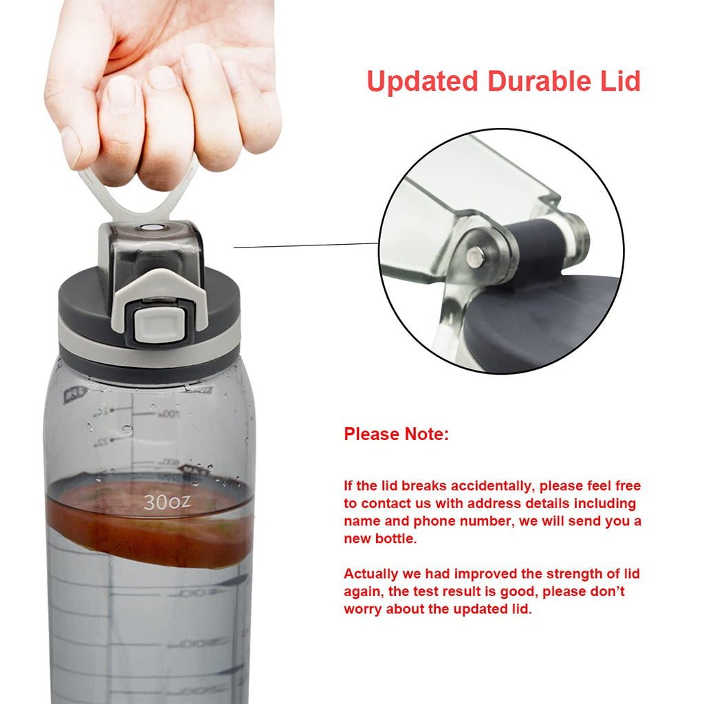 Teentumn 30oz Sport Water Bottle with Time Markers, Large Durable Gym Plastic Bottle Tritan BPA Free for Fitness, Outdoor Enthusiasts, Leakproof Clear Gray (Pack of 1)