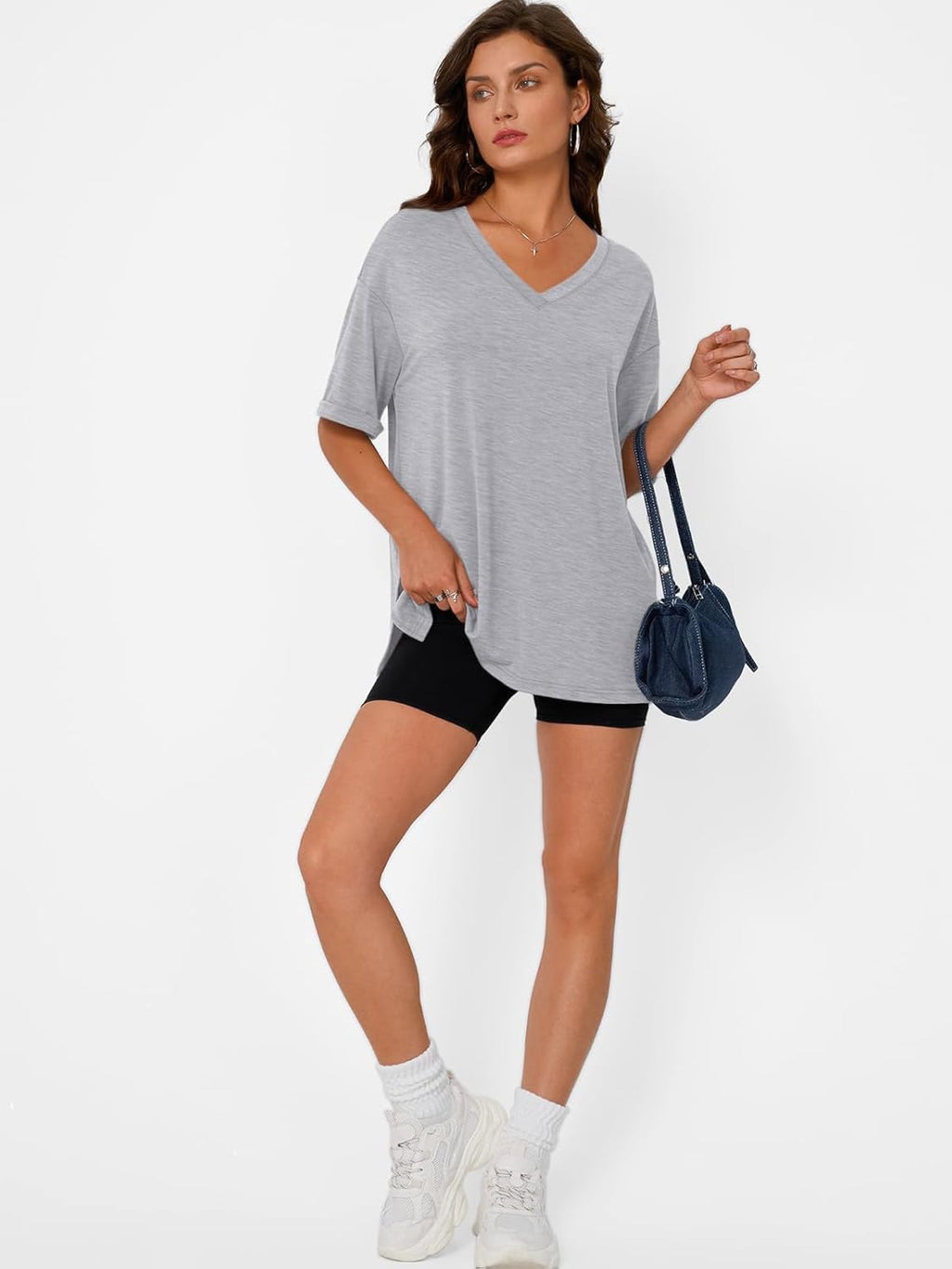 Trendy Queen Plus Size Oversized V-Neck T-Shirt - Breathable Elastic Fabric for Gym & Casual Wear