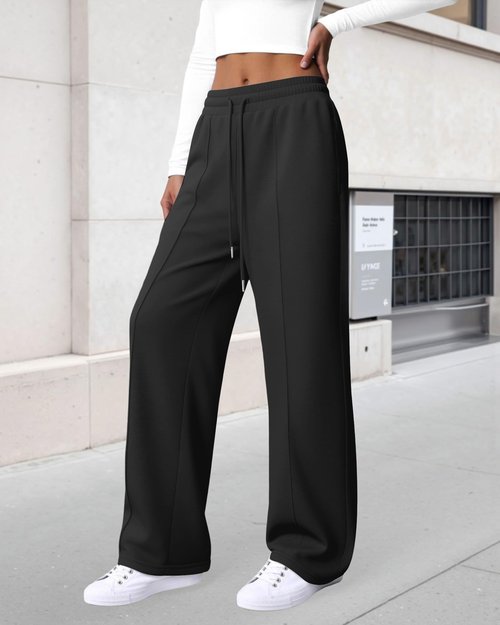 IPMQ Womens Wide Leg Sweatpants High Waisted Drawstring Sweatpant Baggy Pants with Pockets Athletic Joggers Black