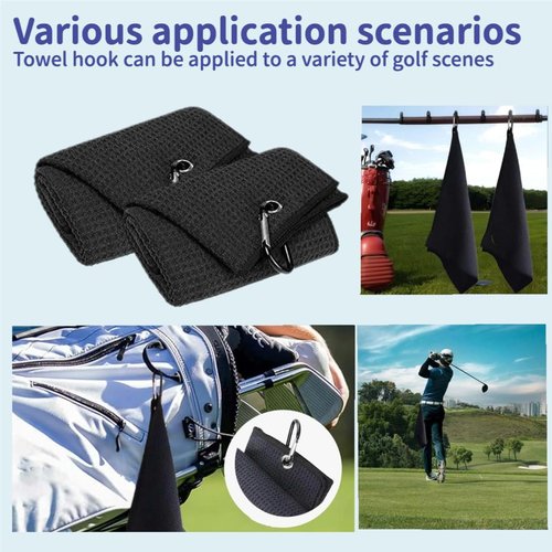 TinyCharms Magnetic Golf Towel, 16"x16" Black Microfiber, Strong Magnet & 3 Grommet Design, Carabiner Hook, Super Absorbent & Easy Clean, Golf Bag Accessory (Black, (16"*16") x2)