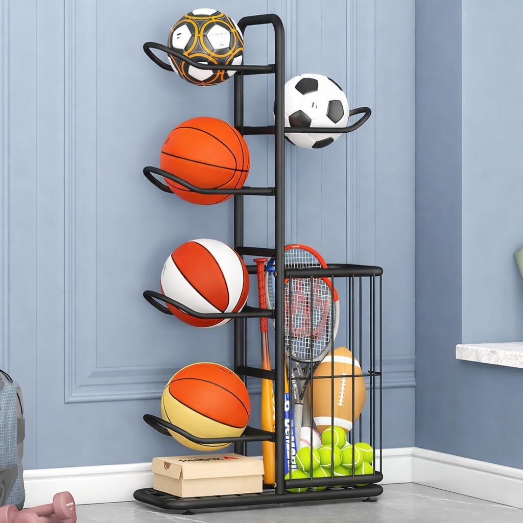 Skiennix Multi-Function Sports Equipment Storage Rack - Adjustable & Durable 5-Tier Black Organizer with Basket