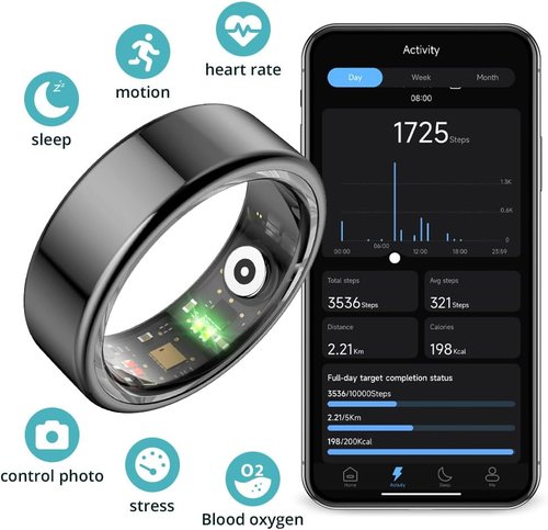 COLMI R02 Smart Ring - Heart Rate & Sleep Monitoring | Charging Case Included, Black, Size 7