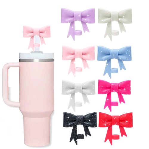 Oddyami Bow Straw Cover Topper for Stanley Cup,Silicone Glitter Pink Straw Toppers for Tumbler with Handle 30/40oz,Cute 10mm Straw Covers Cap,Reusable Straw Lids for Stanley Cup Accessories,8Pcs