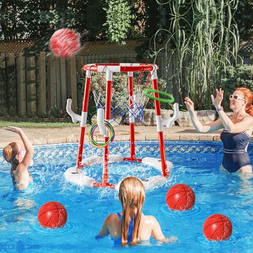 Red Pool Basketball Hoop Toys for Kids and Adults - 2-in-1 Floating Water Game Set with Rings & Balls