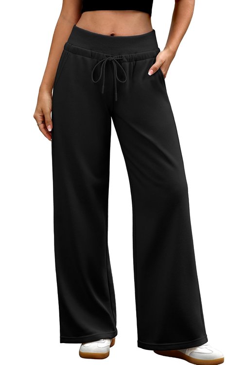 ELLEVEN Wide Leg Sweatpants Women Lounge Baggy Joggers Low Rise Y2K Sweat Pants Straight Leg Drawstring Fall Fashion Workout Athletic Pants with Pockets Black Medium