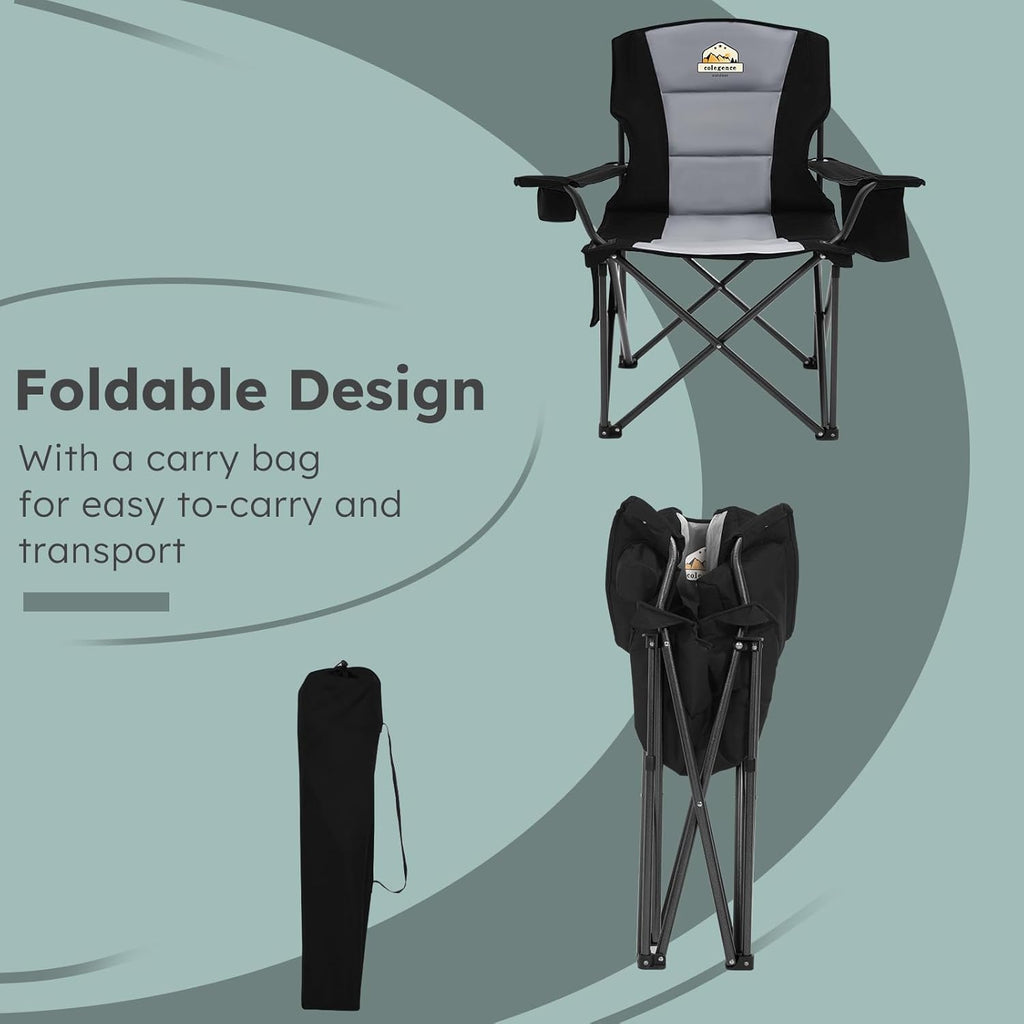 Skiennix Oversized Camping Chairs 2 Pack - Heavy Duty 450lbs Support | Portable Folding Chairs with Carry Bag, Cooler & Cup Holder - Black
