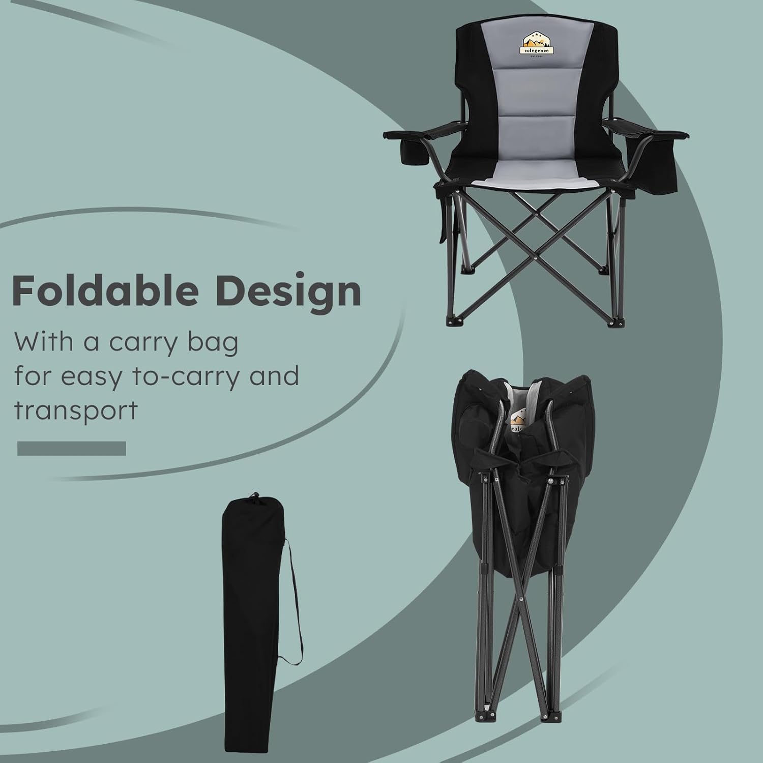 Skiennix Oversized Camping Chairs 2 Pack - Heavy Duty 450lbs Support | Portable Folding Chairs with Carry Bag, Cooler & Cup Holder - Black