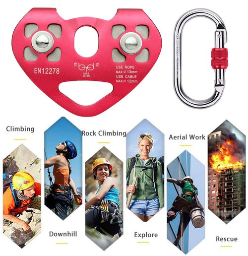 Zipline Trolley Kit with 25kN Carabiner Double Tandem Dual Pulley for 1/4 5/16 3/8 1/2 Cable for Backyard Zipline Climbing Rescue 30KN 6700LBS …