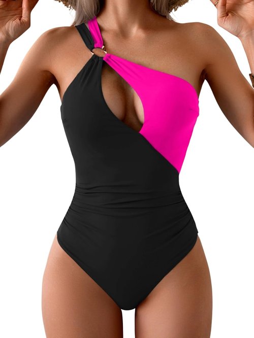 Aidonger One Shoulder One-Piece Swimsuit - Cutout Tummy Control Bathing Suit for Women