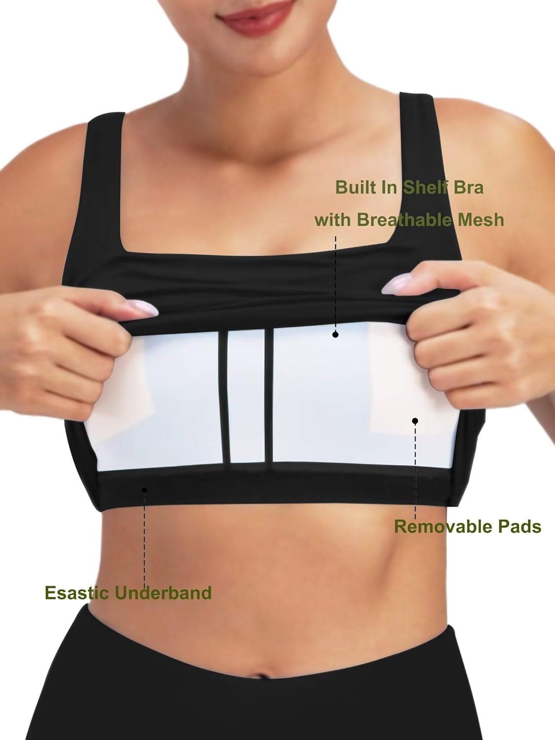 Sunzel Square Neck Sports Bra - Padded Yoga Crop Top with Wide Straps for Women | Perfect for Pilates & Gym