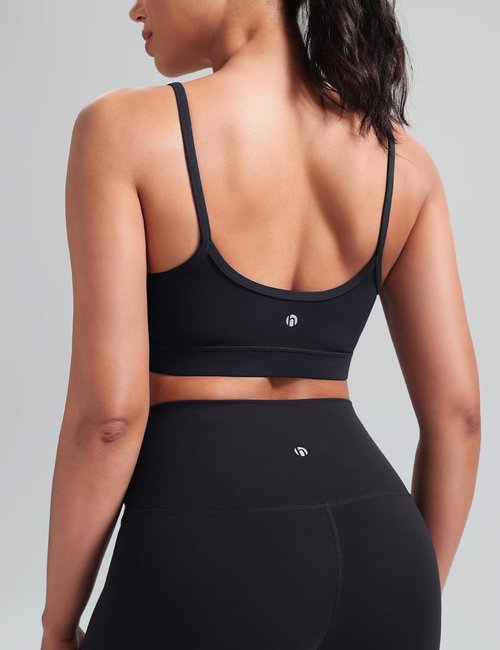 HeyNuts Womens V Neck Sports Bra, Low Impact Spaghetti Thin Strap Scoop Back Wirefree Camisole Workout Athletic Basic Gym Yoga Tops Padded with Built in Bras Black S