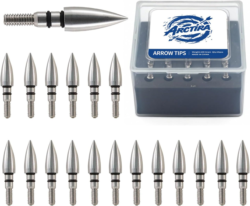 Skiennix Archery Field Points - 25 Pcs 100/125 Grain Stainless Steel Arrow Tips with Case for Target Practice