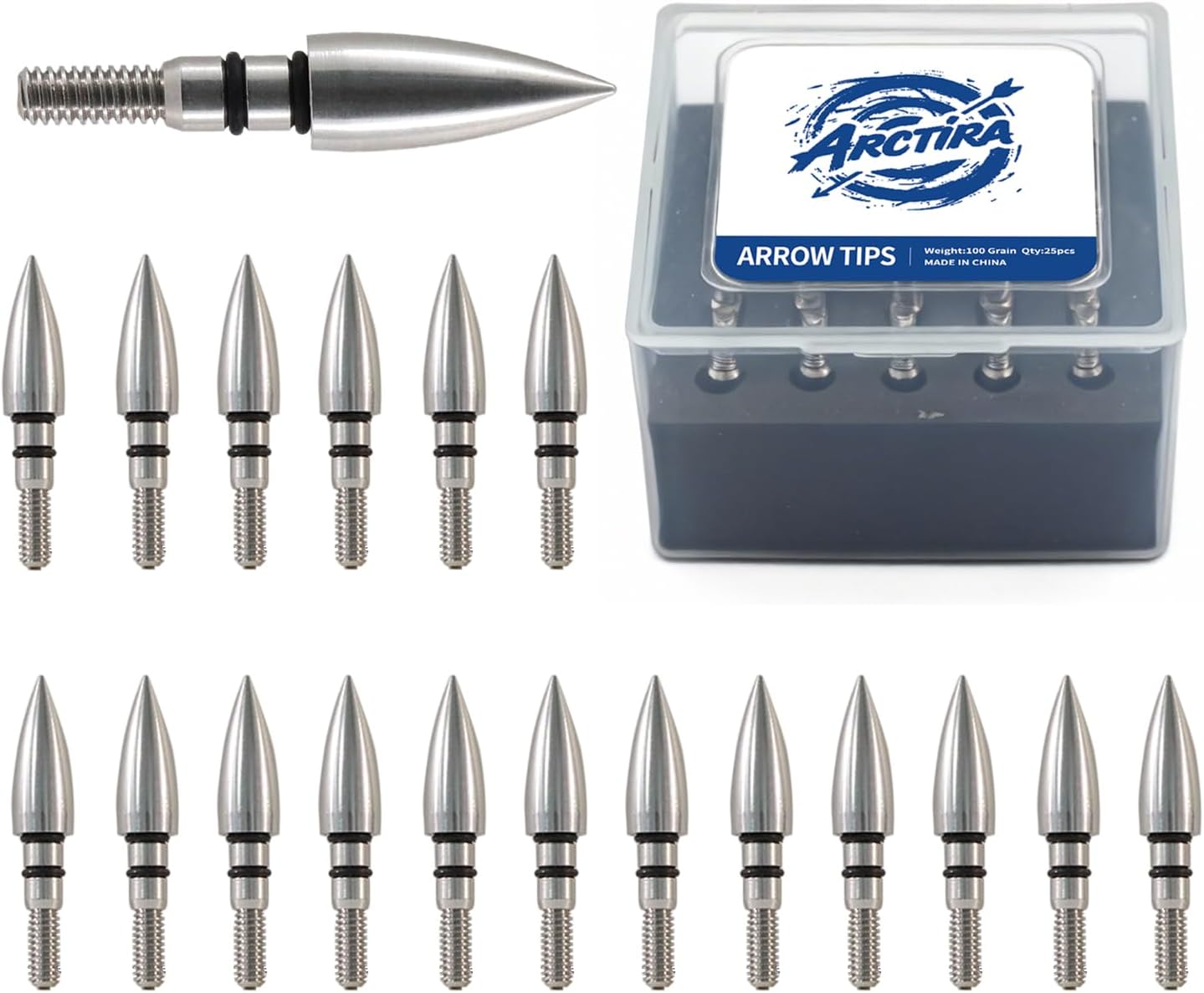 Skiennix Archery Field Points - 25 Pcs 100/125 Grain Stainless Steel Arrow Tips with Case for Target Practice