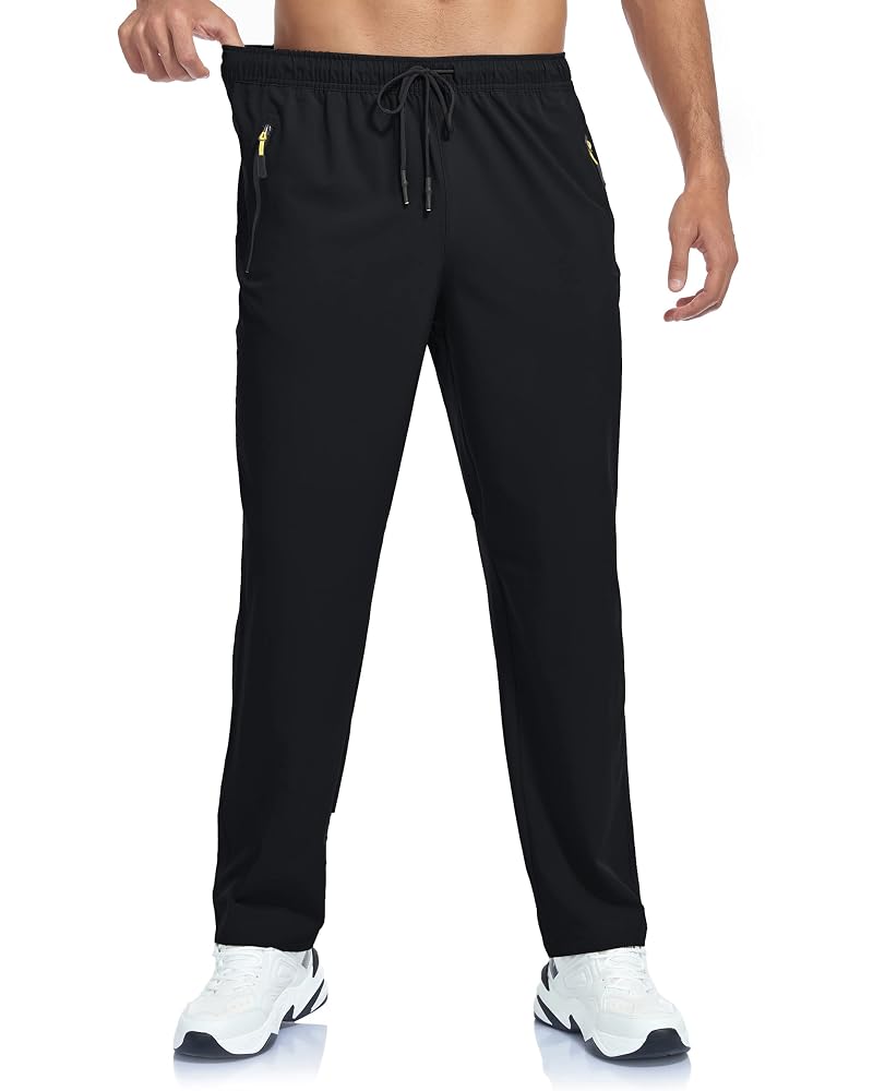 Men's Lightweight Hiking Pants - Breathable Quick Dry, Water-Resistant, UPF 50+, Zipper Pockets, Black, Large