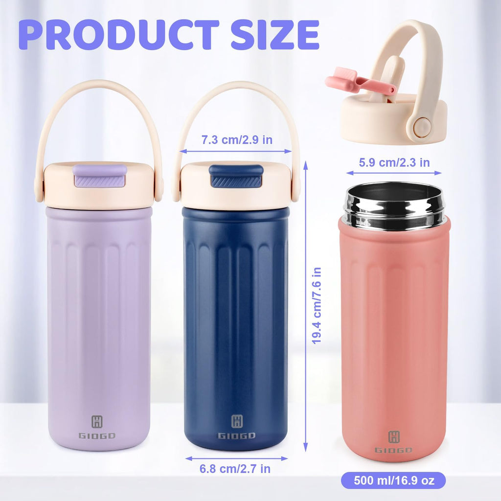Thermo Water Bottle with Straw, 16oz/500ml Insulated Water Bottle with Handle, Stainless Steel Wide Mouth Water Bottles, Insulated Vacuum Thermo Bottles for Sport, Travel and School, BPA Free, Pink