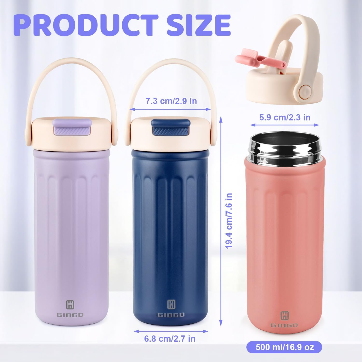 Thermo Water Bottle with Straw, 16oz/500ml Insulated Water Bottle with Handle, Stainless Steel Wide Mouth Water Bottles, Insulated Vacuum Thermo Bottles for Sport, Travel and School, BPA Free, Pink