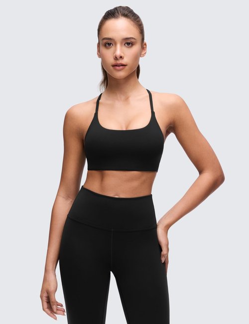 CRZ YOGA Butterluxe Twist Cross Back Sports Bras for Women - U Neck Padded Adjustable Spaghetti Straps Yoga Top Black Small