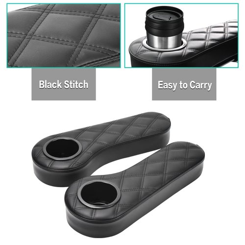 NOKINS Golf Cart Diamond Armrest with Cup Holder, No Drilling, for Round Bracket Armrest 1 1/4 Size, Fits Advanced EV Golf Cart Rear Seat Circular Frame Side Rod 1 1/4" (Black Stitching)