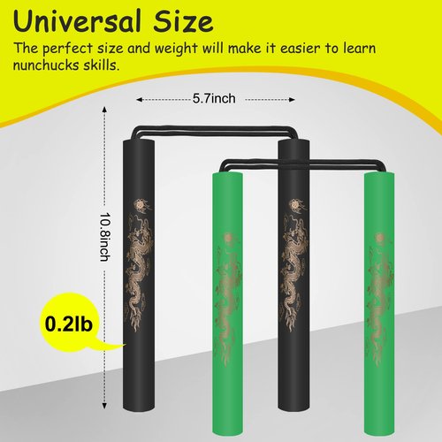 MSGumiho Nunchucks Cord Nunchakus Safe Foam Rubber Training Nunchucks with Cord 2PCS for Kids & Beginners Practice and Training (Green)