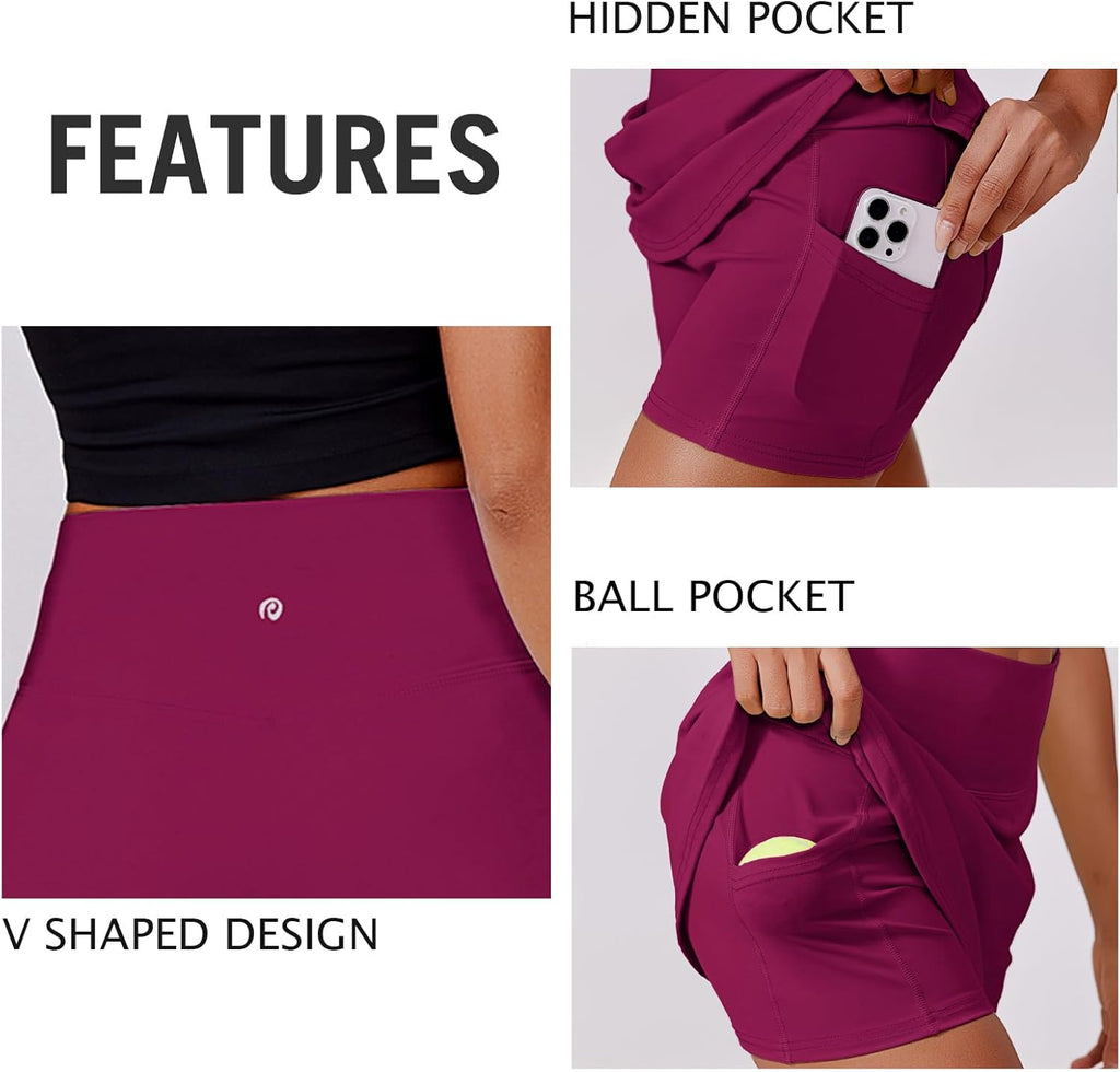 PINSPARK Women's Tennis Skirt - High Waisted Golf Skort with 2 Pockets for Workout & Running