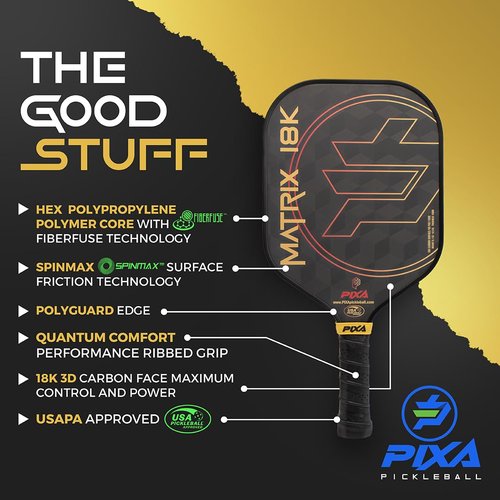 18K Carbon Fiber Pickleball Paddle – USAPA Approved Matrix Thermoformed Paddle for Intermediate and Pro Players, Textured Surface, Foam Edge, Premium Grip, Power & Spin Control – PIXA Pickleball