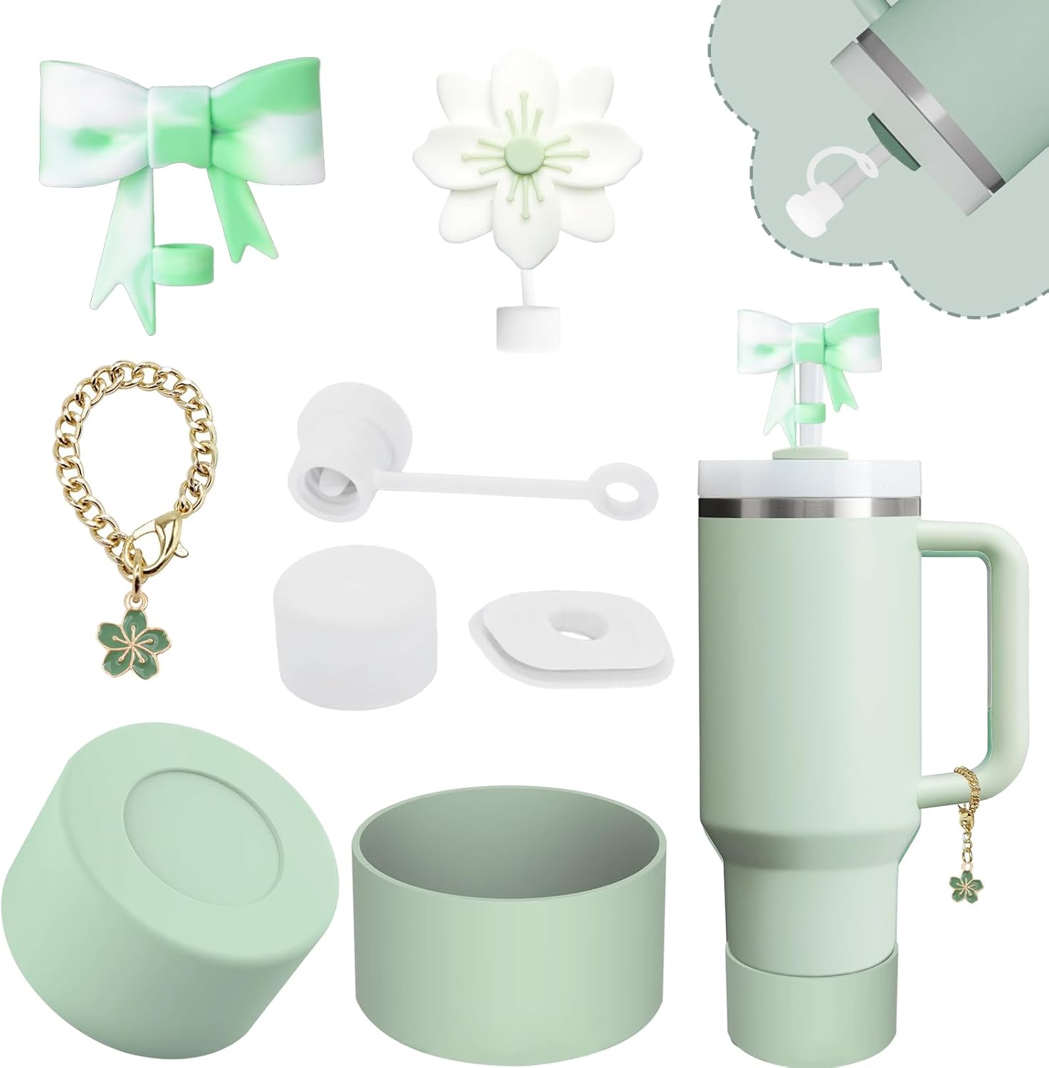 Stanley Cup Accessories Set - 3-Piece Silicone Spill-Proof Stopper & Cute Flowers Handle Charm | Matcha Cream