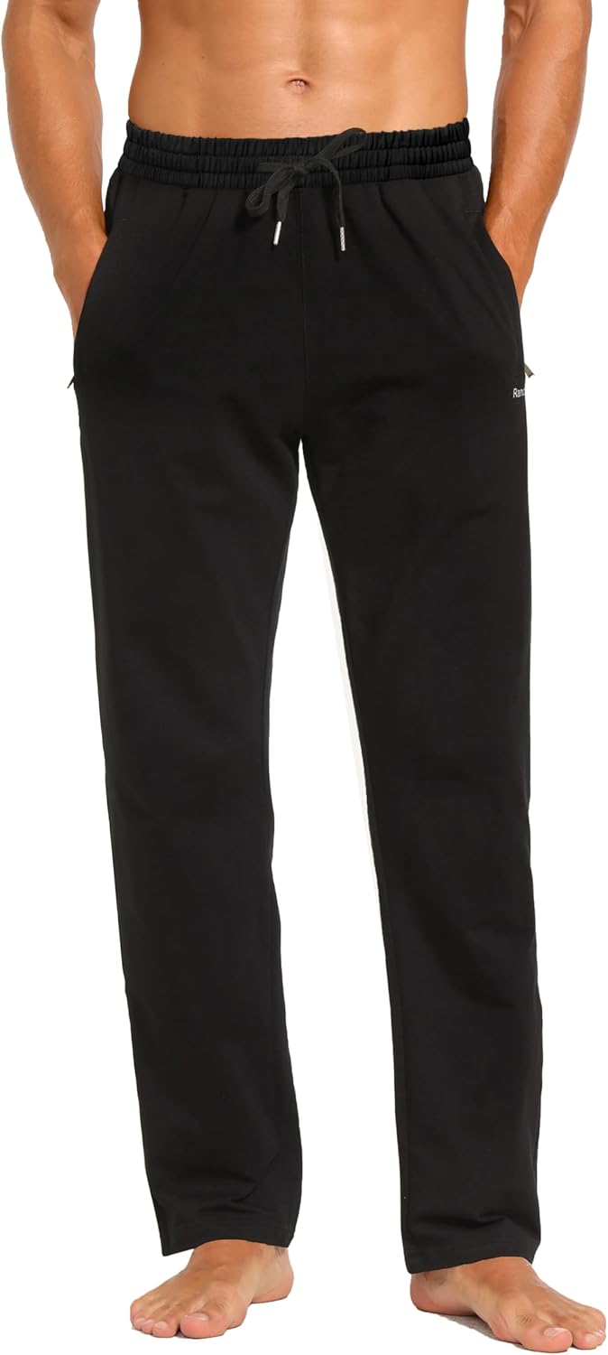 Skiennix Men's Cotton Yoga Pants - Casual Jersey Sweatpants with Zipper Pockets | Open Bottom, Straight Leg
