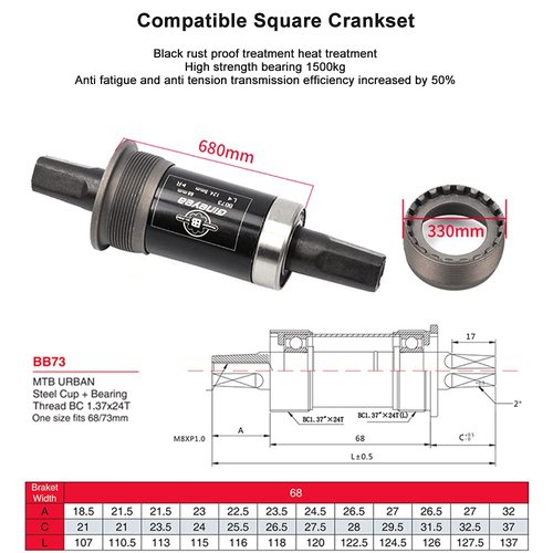 catazer Bicycle Bottom Bracket Square Taper 68mm x 103/107110.5/113/116/118/120/122.5/124.5/127.5mm BSA (103mm)
