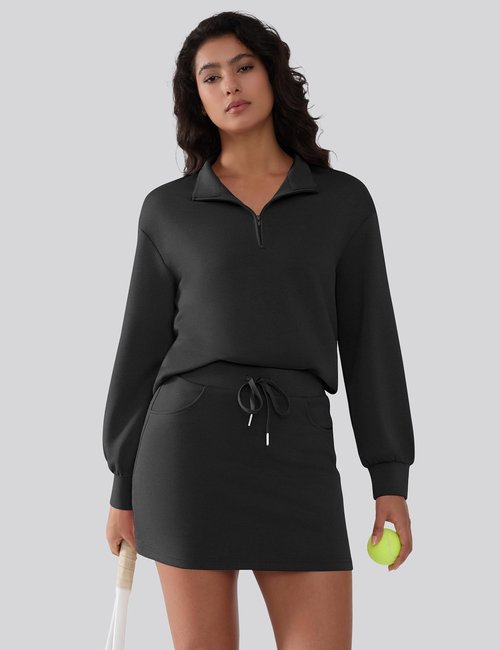 SHESHOW 2 Piece Skirt Set for Women Casual Quarter Zipper Long Sleeve Top and Tennis Skorts for Woman Black M