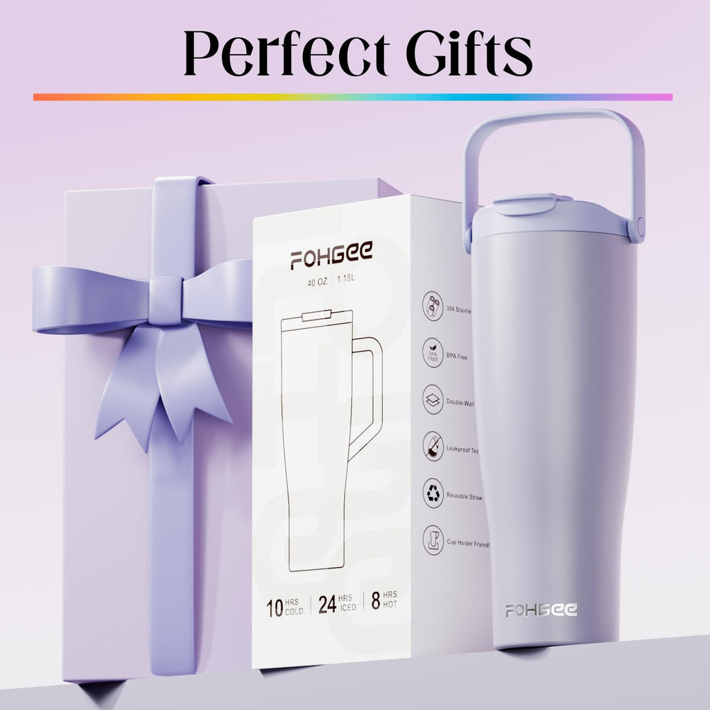 FOHGEE 40oz Insulated Stainless Steel Tumbler with Straw & Carry Loop – Leak-Proof, Spill-Proof, BPA-Free, Dishwasher Safe Travel Mug for Iced Coffee Lovers, Lilac Purple