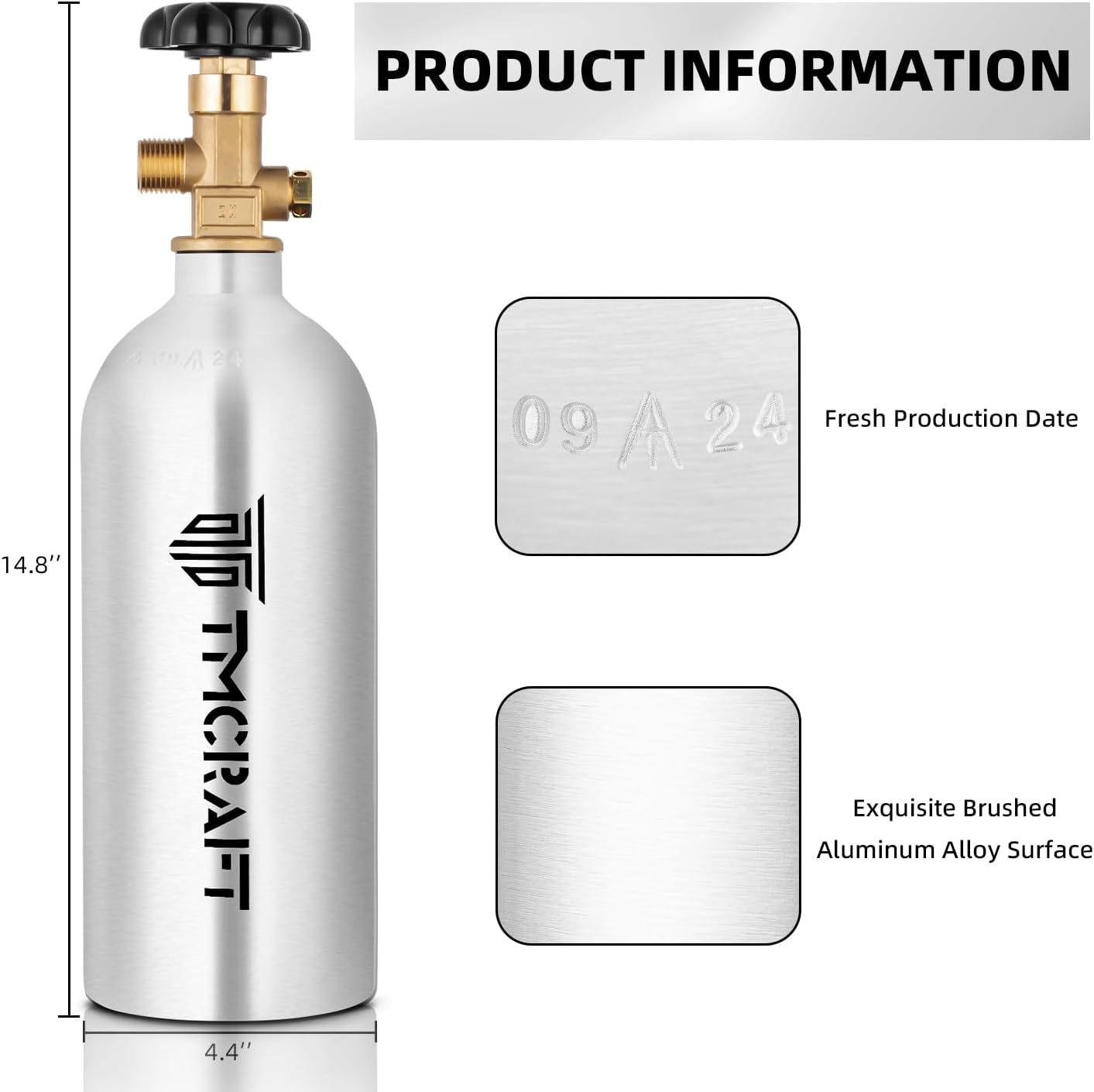 TMCRAFT 2.5lb CO2 Tank - High Strength Aluminum Alloy Cylinder with CGA-320 Valve | DOT Approved for Kegerator & Draft Beer Dispensing