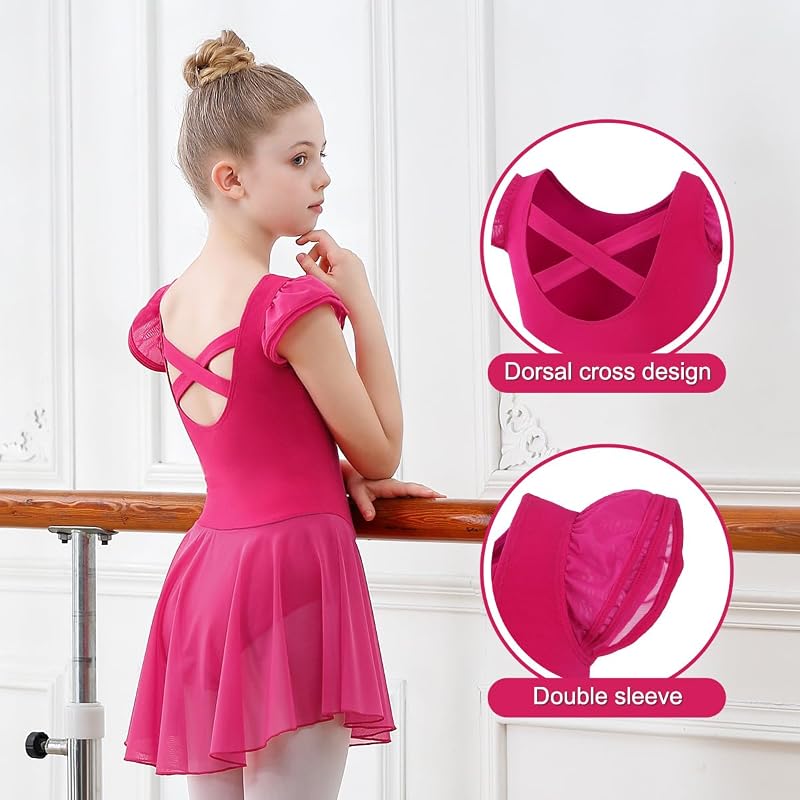 DIPUG Girls Ballet Leotard with Skirt - Flutter Sleeve, Criss-Cross Back, 4-6 Years - Rose