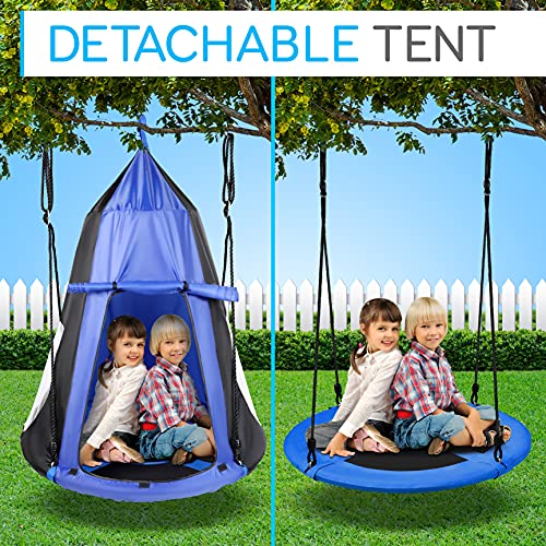 SereneLife Kids Tree Swing with Tent Cover - 40-Inch Saucer Seat, Blue, Indoor & Outdoor Play