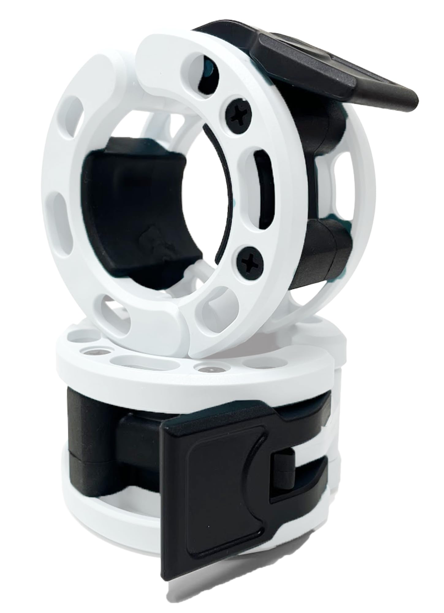 Clout Fitness Olympic Barbell Clamps Collars Quick Release Pair of Locking Weight Clips Fit 2 Inch Barbell (White with Black Lever)