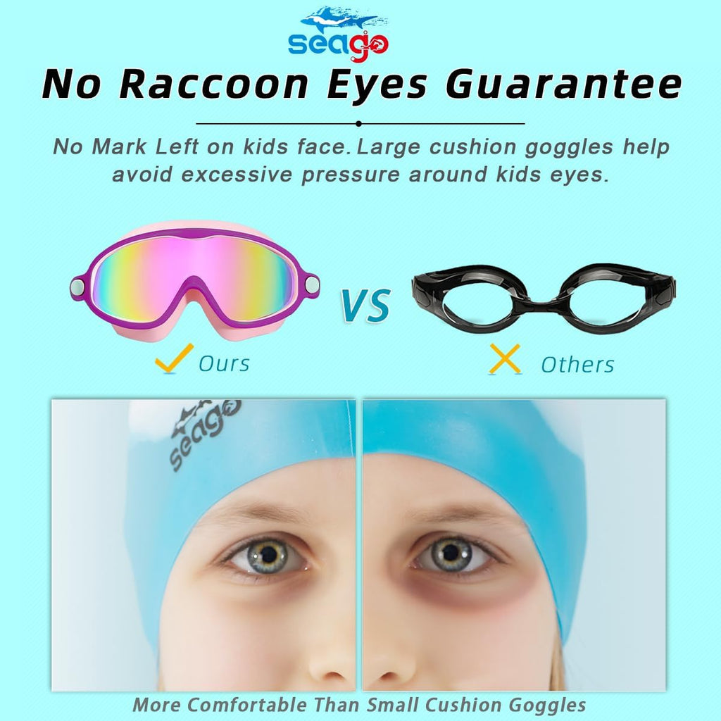 Seago Swim Goggles - Anti-Fog, Anti-UV, Wide View for Kids Ages 3-14 | 2 Pack