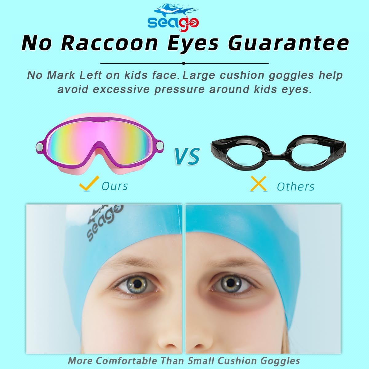 Seago Swim Goggles - Anti-Fog, Anti-UV, Wide View for Kids Ages 3-14 | 2 Pack