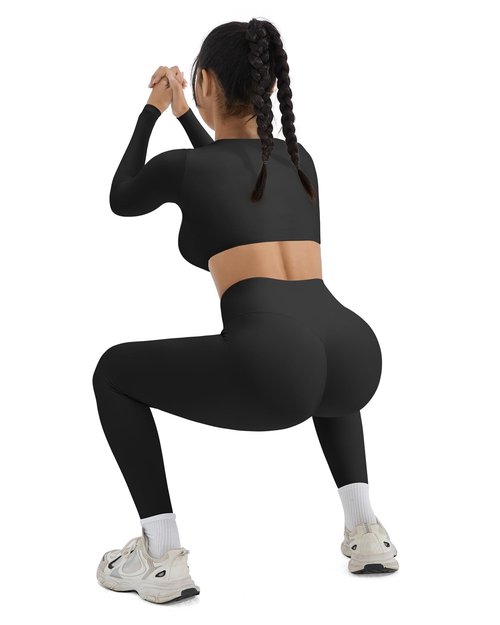 SUUKSESS Women 2 Piece Workout Sets Compression Yoga Pants with Pockets Long Sleeve Square Neck Padded Sports Bra Tummy Control Leggings (Black, M)
