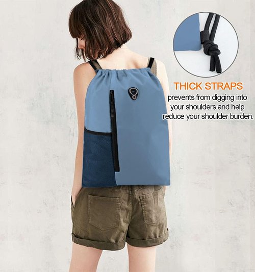 BeeGreen Blue Drawstrings Backpack Gym Sack For Men With Water Bottle Pocket &Front Zippered Pocket Large Sting Bags For WomenTraveling Yoga Beach Outdoor Gym