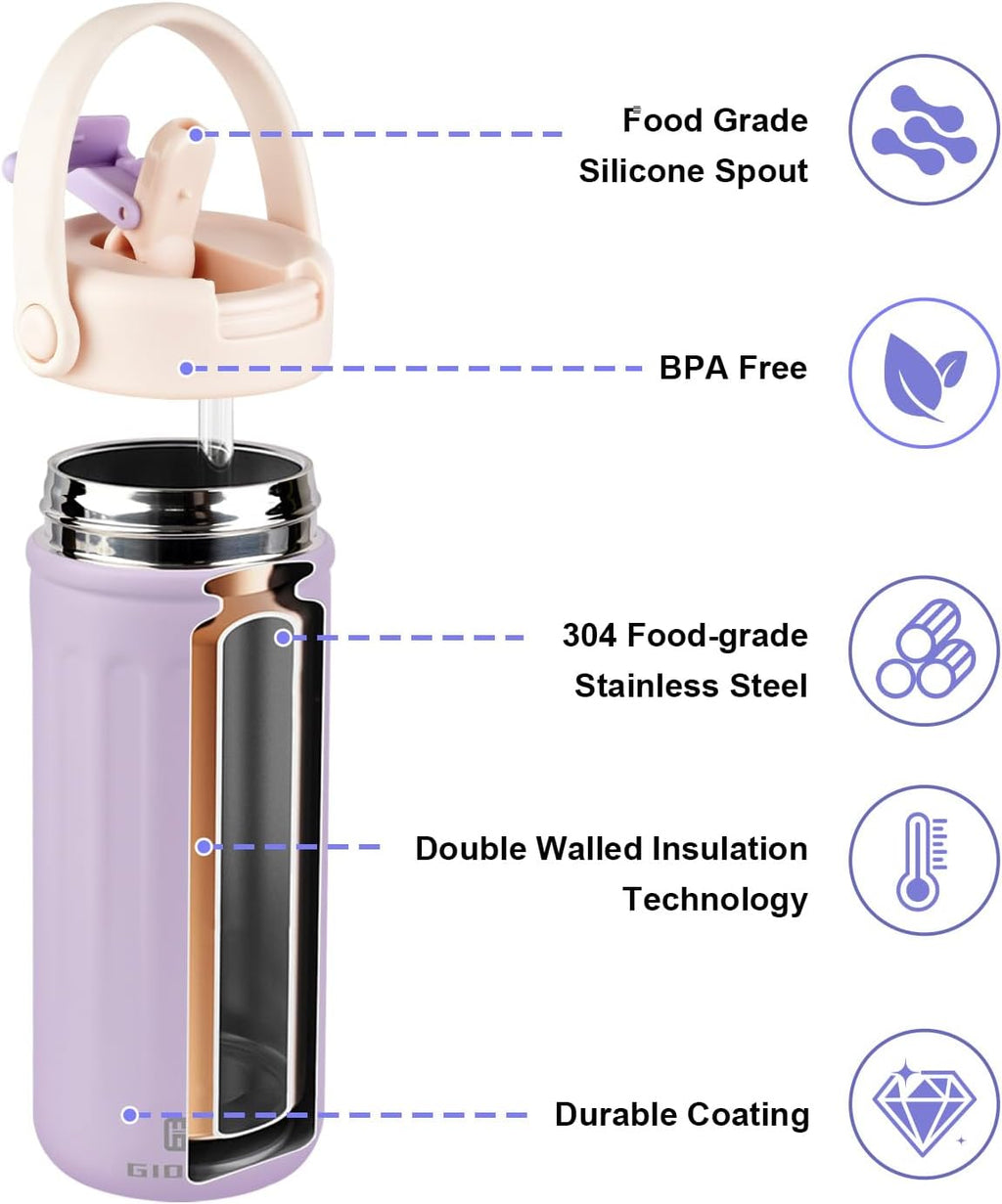 Thermo Water Bottle with Straw, 16oz/500ml Insulated Water Bottle with Handle, Stainless Steel Wide Mouth Water Bottles, Insulated Vacuum Thermo Bottles for Sport, Travel and School, BPA Free, Pink