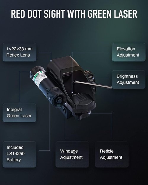 Hiram Holographic Reflex Scope Sight - 1x22x33 with 4 Reticles & Laser in Red/Green Dot