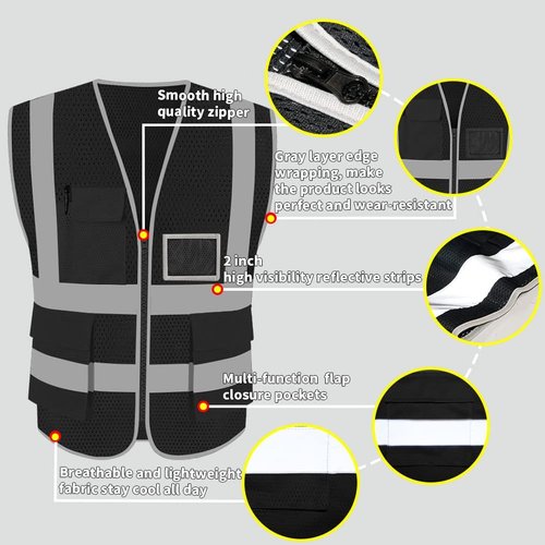 HYCOPROT High Visibility Reflective Safety Vest - ANSI/ISEA Compliant with Pockets & Zipper