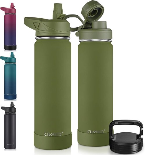 CIVAGO Insulated Water Bottle - 22 oz Stainless Steel Flask with Straw & 3 Lids | Army Green