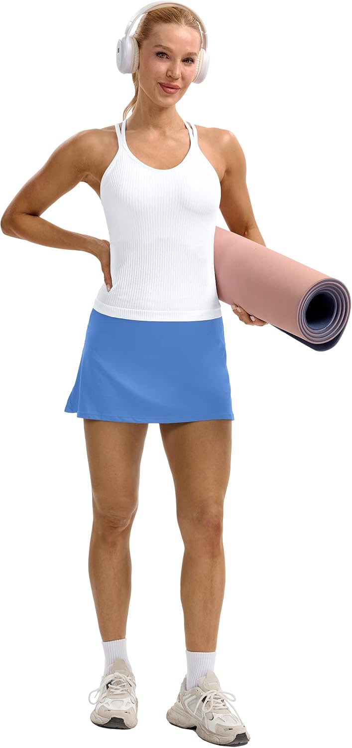 Skiennix Seamless Ribbed Workout Tank - Built-In Bra, V Neck Crisscross Back Yoga Top for Women
