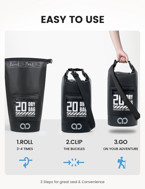 Lamicall Waterproof Dry Bag - Floating Roll Top Backpack with Phone Pouch - 10L, Black
