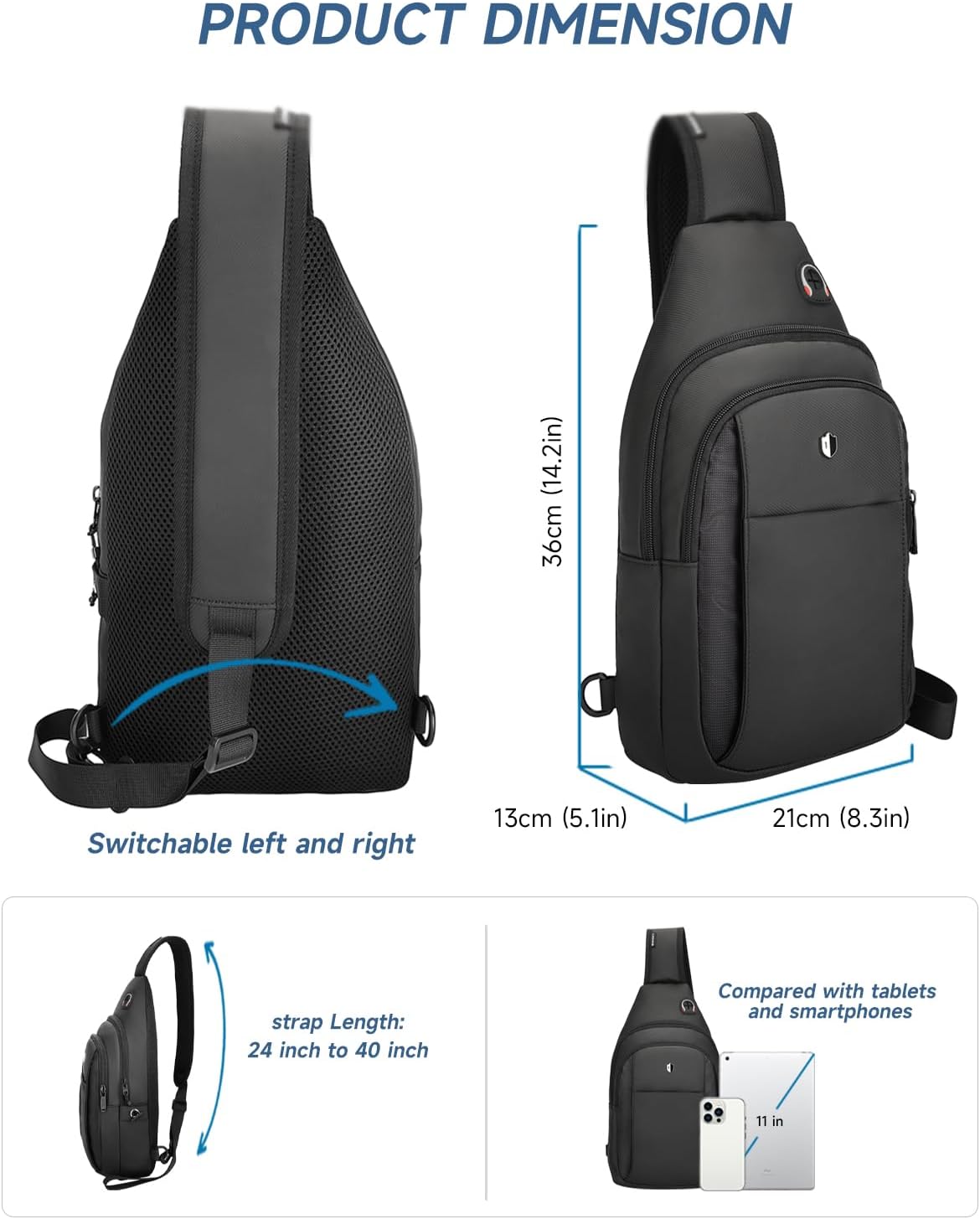 Skiennix Anti-Theft Sling Bag - Water Resistant Crossbody Backpack | Fits iPad Mini & Switch 2 - Black, Medium