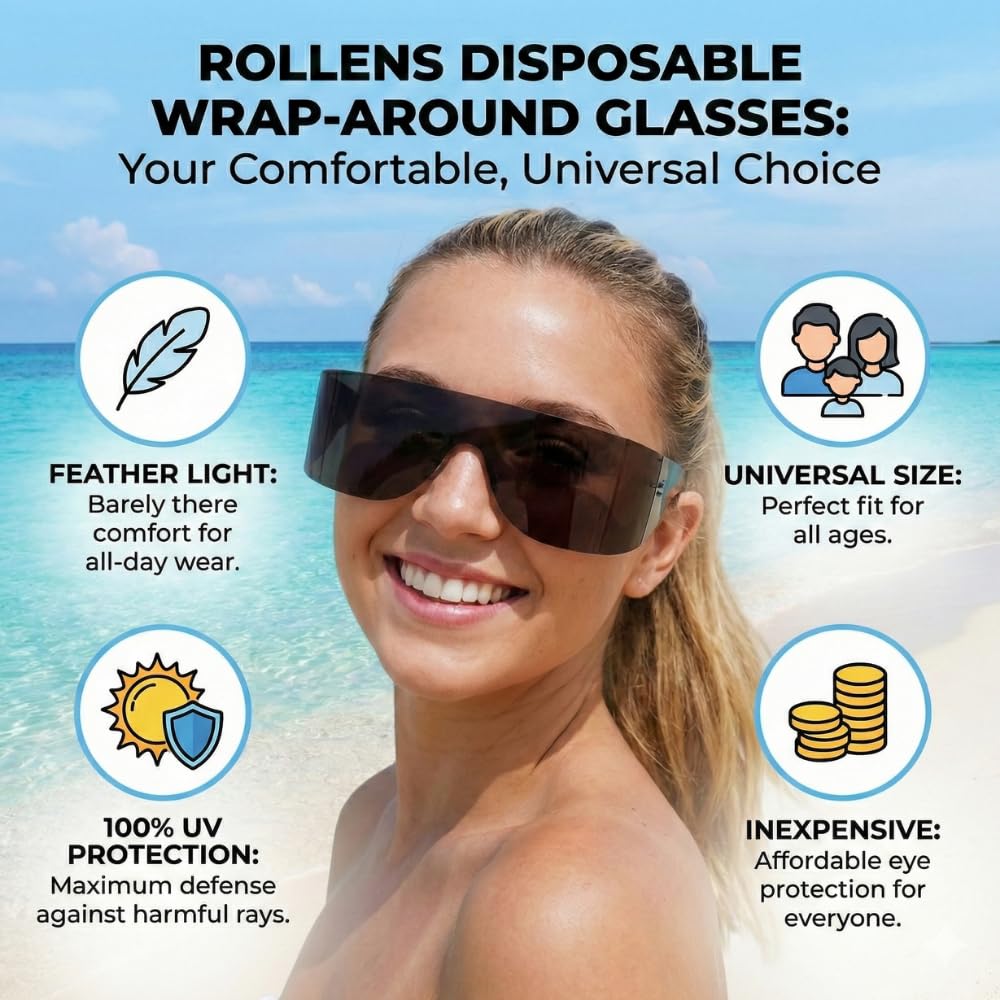 Rollens Roll Up Sunglases w/ 100% UV Protection, Disposable, Wrap-Around (8 Count) - Made in the USA
