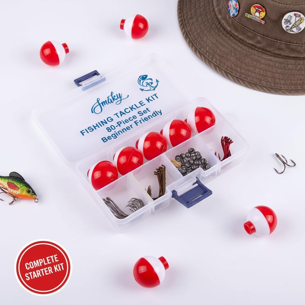 Smaky Fishing Tackle Kit - 80-Piece Beginner Equipment with Hooks, Bobbers & Sinkers | Ideal for Live & Artificial Baits