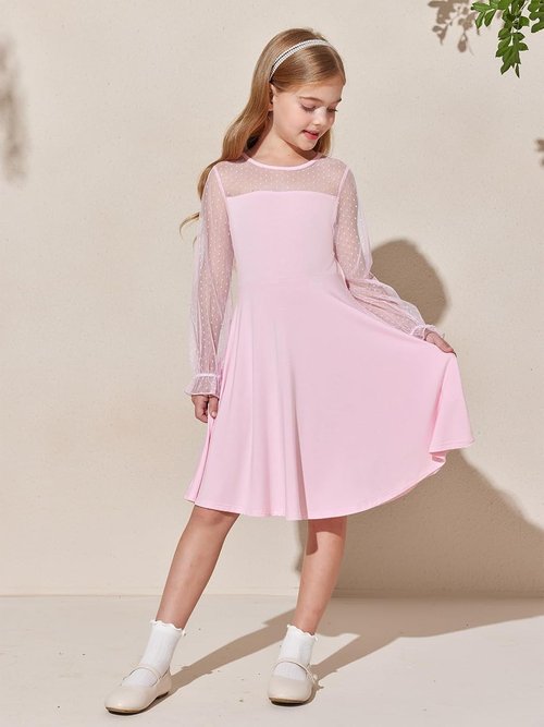 Haloumoning Girls A-Line Short Dress - Contrast Mesh Long Sleeve with Pockets | Sizes 4-14 Years