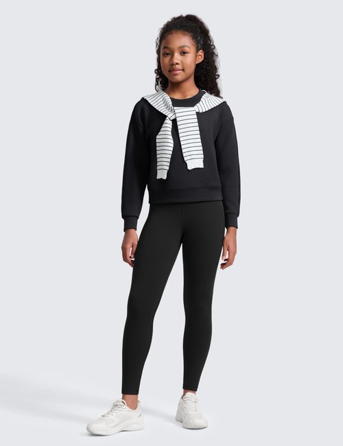 CRZ YOGA Girls Matte Thermal Fleece Lined Full Length Leggings - Casual Athletic High Waist Pants Winter Warm Kids Teen Black Medium